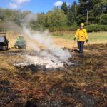 NKF&R Firefighter Mike Cunningham scans the charred ground for any remaining hot spots after an outdoor fire apparently reignited to spread across a pasture near Kingston today.