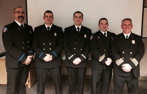 The honorees at NKF&R's 2015 Recognition Ceremony are (from left to right) Firefighter/Paramedic Andrea DeCaro, Firefighter/Paramedic Theron Rahier, Lieutenant Alex Hickey, Battalion Chief Steve Murray and Assistant Chief Rick LaGrandeur. 